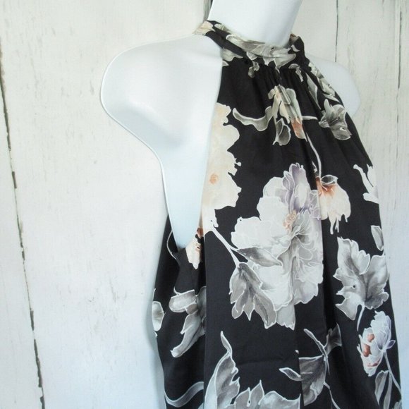 White House Black Market Top S Black Floral Sleeveless High Neck Halter - Picture 3 of 6
